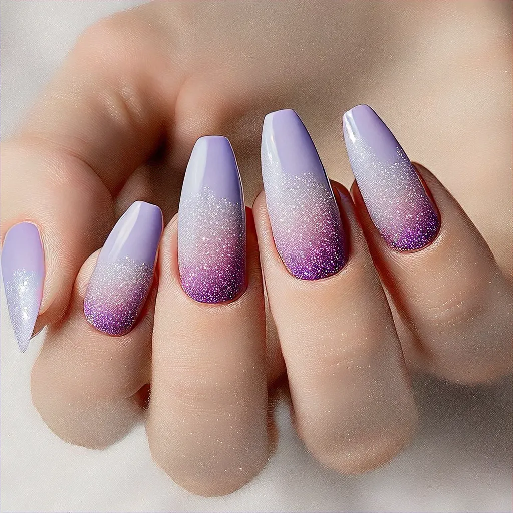 Radiant light purple coffin-shaped nails styled with vibrant ombre glitter for fair skin vacation goers.