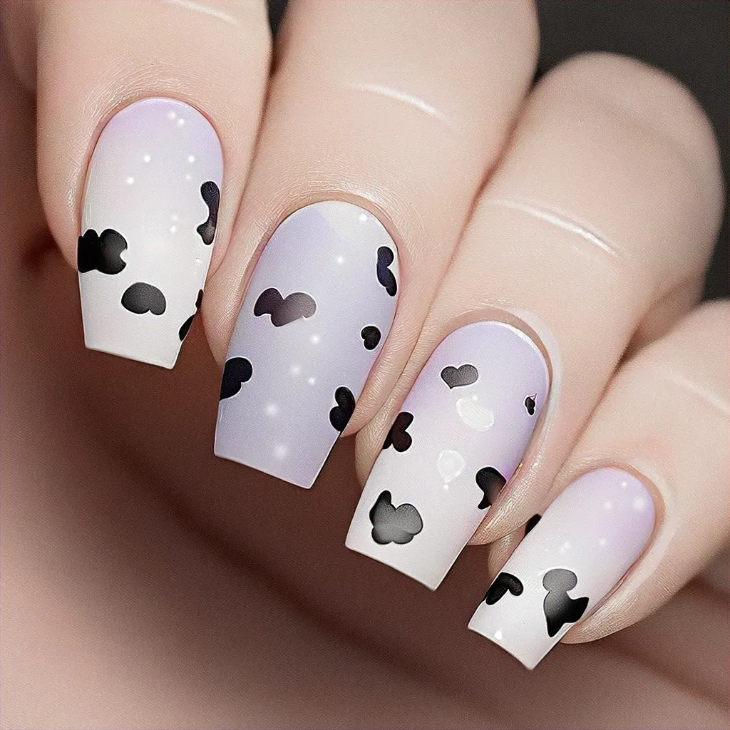 For a light-skinned tone, opting for an oval-shaped ombré style with a Valentine's Day themed cow design in light purple.