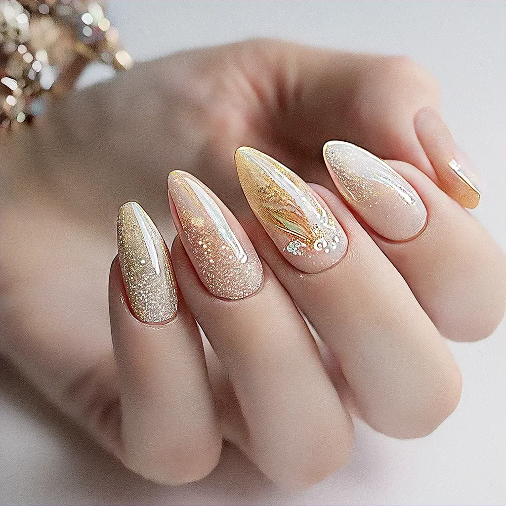 Beige boho-themed nails perfect for a cruise. Almond shape with glitter technique suits light skin tones.