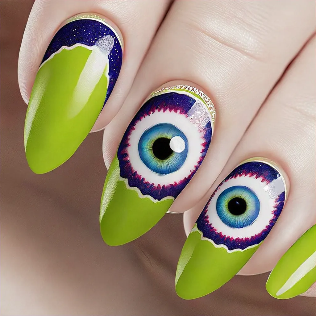 Lime green almond-shaped nails with a 4th of July and evil eye theme atop fair skin using airbrush technique.
