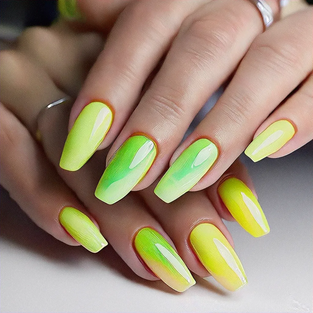Rock lime green coffin-shaped nails with beach theme in fiery style, using cat eye technique, perfect for light skin tones.