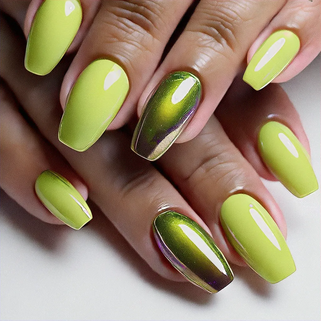 Celebrate birthdays with lime green oval nails styled with floral chrome on medium-olive skin.