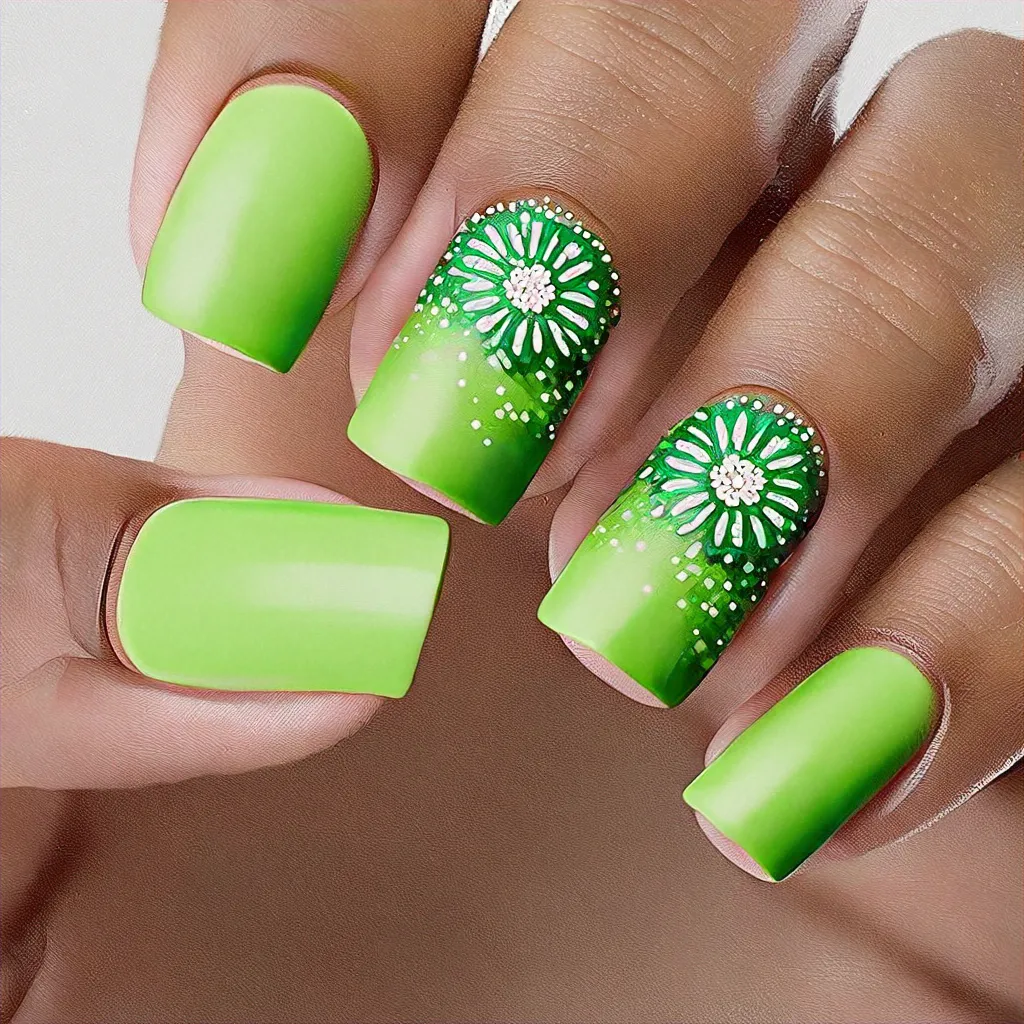 This creation features a vibrant lime green shade, celebration theme with flower style on square nails. Perfect for deep skin tone.