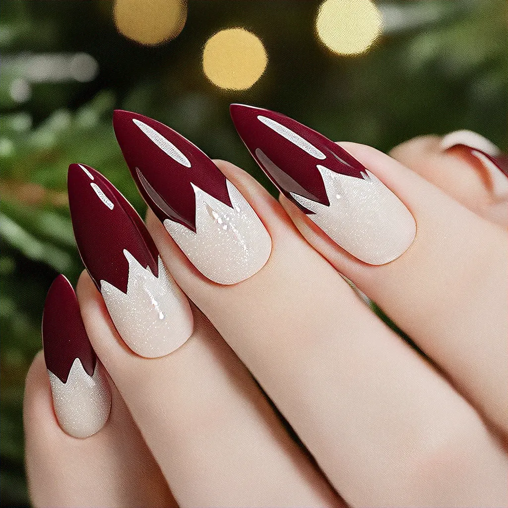 Get ready for Christmas with a fair skin-tone complementing maroon stiletto, adorned with French tip foil style.