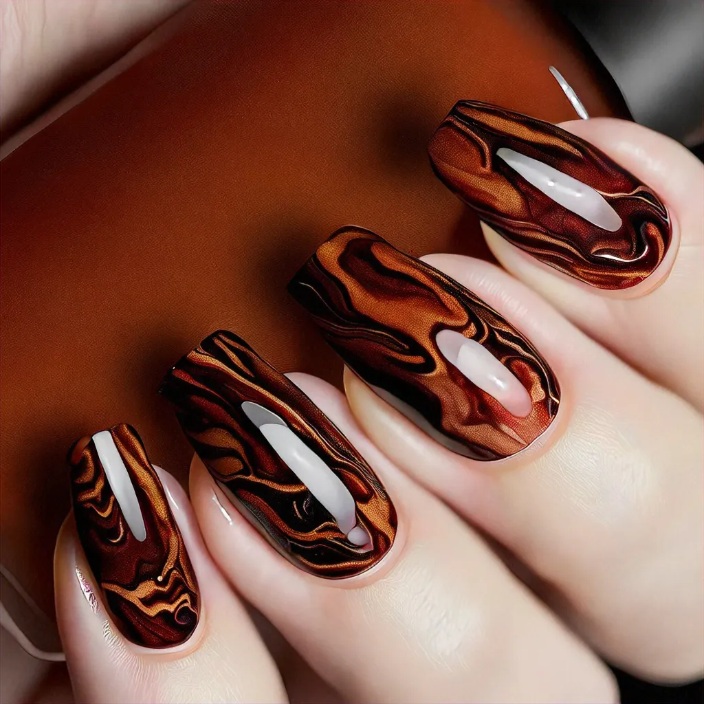 Medium-olive skin sports maroon, marbled coffin-shaped nails, giving an easter theme a unique gothic twist.