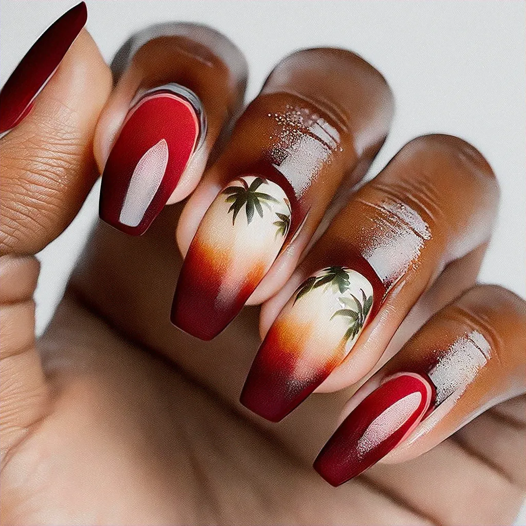 Maroon oval nails with fall-themed Hawaiian ombre dip powder technique, perfect for deep skin tones.