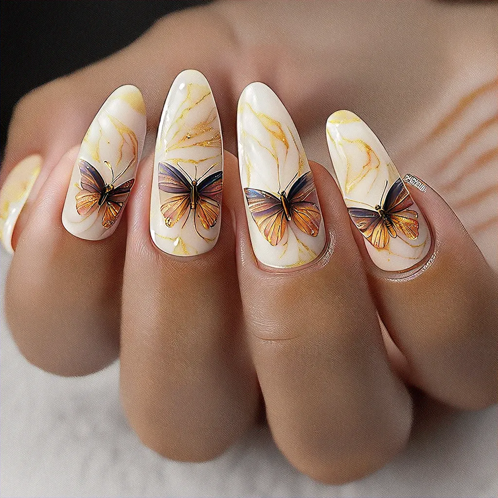Medium-olive skin tone flaunts beige, coffin-shaped nails with a marbled easter butterfly theme.