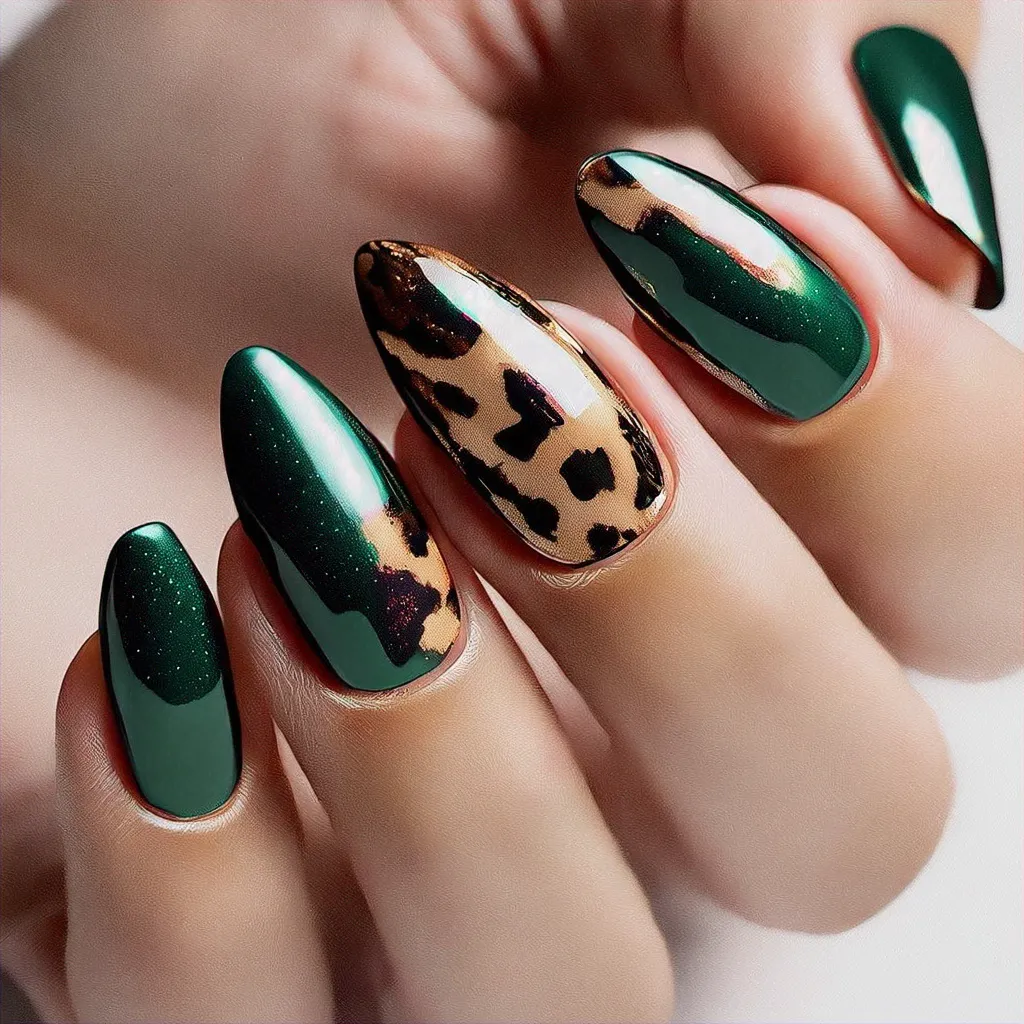 Almond shaped nails with a metallic leopard print for the New Year. Perfect for medium-olive skin using powder dip technique.
