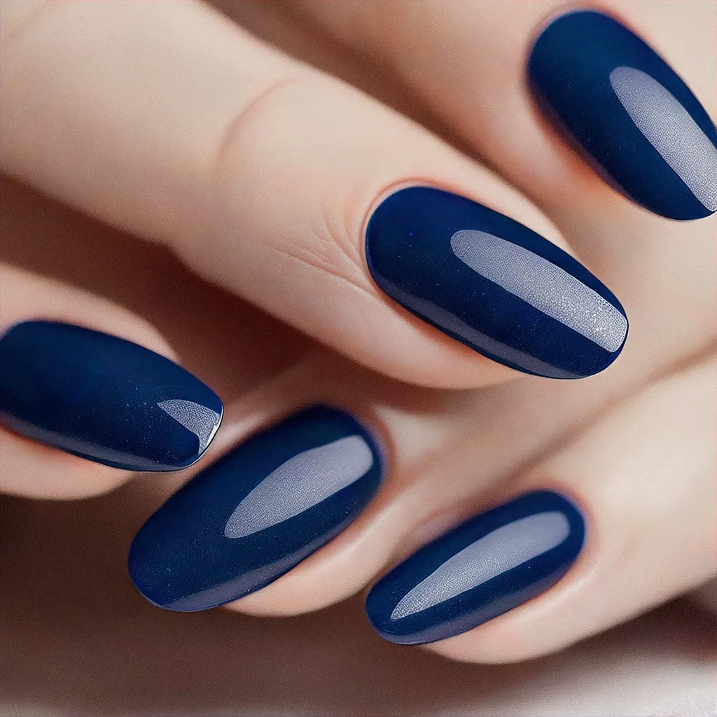 Fair skin tone embraces an airbrushed spring-themed mermaid style in navy blue oval nails.