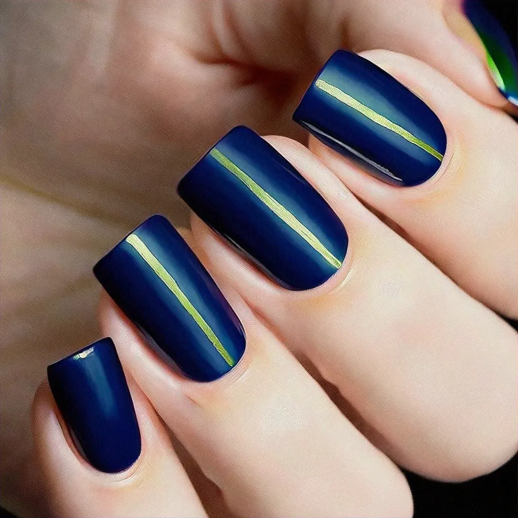 Navy blue square nails with a cat-eye technique perfect for St. Patrick's day. Best suits light skin tone.