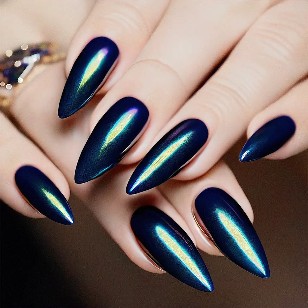 Embrace summer with stiletto-shaped nails in navy blue. Enhanced with neon chrome technique on medium-olive skin.