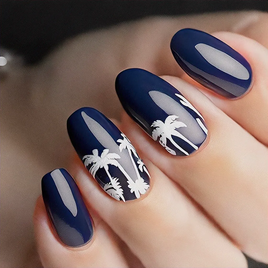Align your style with deep skin tone Thanksgiving vibes, featuring an almond-shaped, navy blue, dip technique palm tree theme.