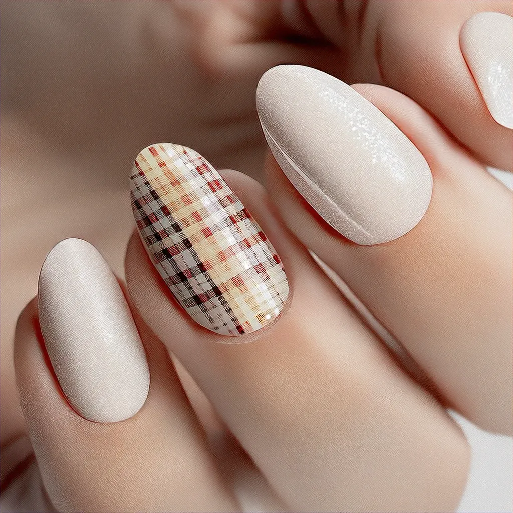 Dazzling light-skinned oval nails in neutral color with a plaid theme. Adorned with glitter for a Valentine's twist.