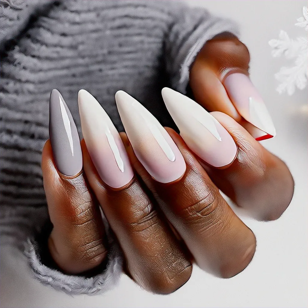 Deep skin toned, stiletto shaped nails with a neutral ombre dip-powder, flaunting a professional winter theme.