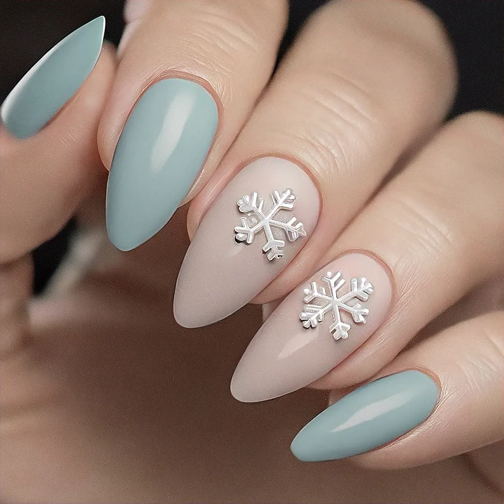 Celebrate your birthday with a unique snowflake style on oval-shaped, nude-toned nails; perfect for medium-olive skin using powder dip technique.