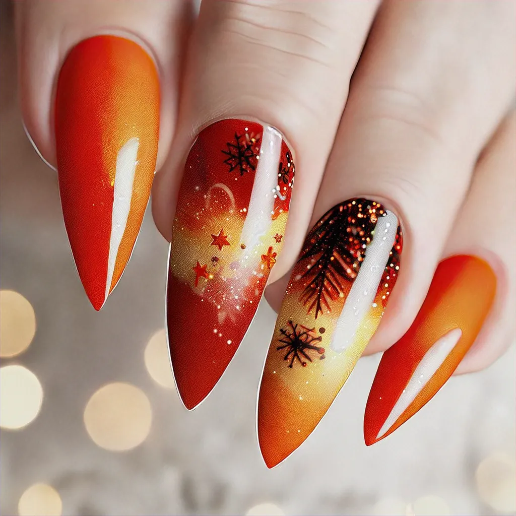 Spooky airbrushed orange stilettos, perfect for Christmas. Ideal for fair skin tones.