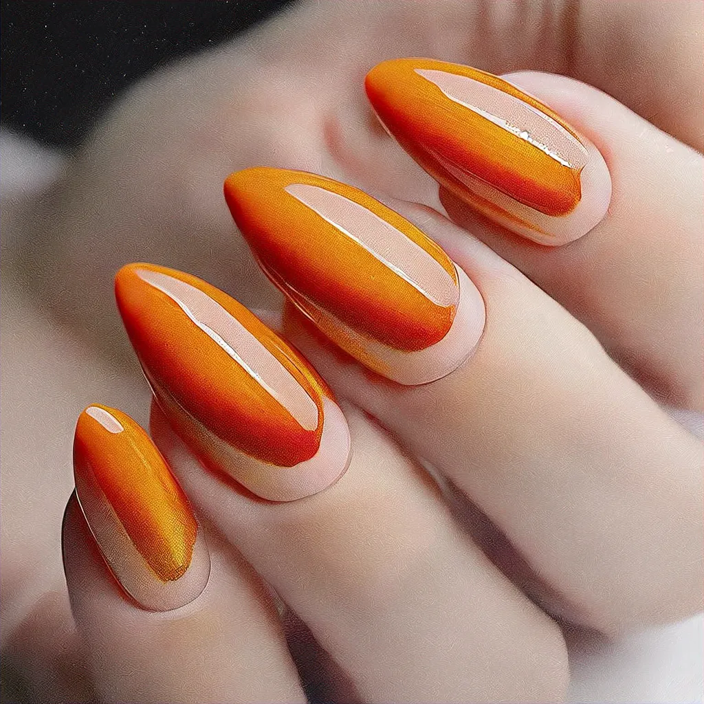 Vibrant orange almond-shaped nails for light skin tone, embracing the trendy cruise theme with a cat eye technique.