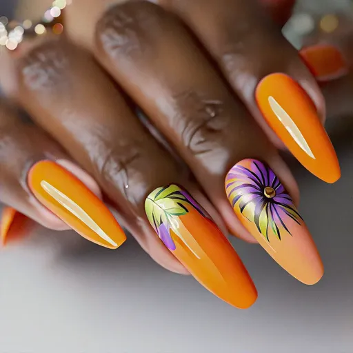 Medium-olive skin toned, coffin-shaped nails colored orange with a tropical Easter theme featuring a chrome technique.