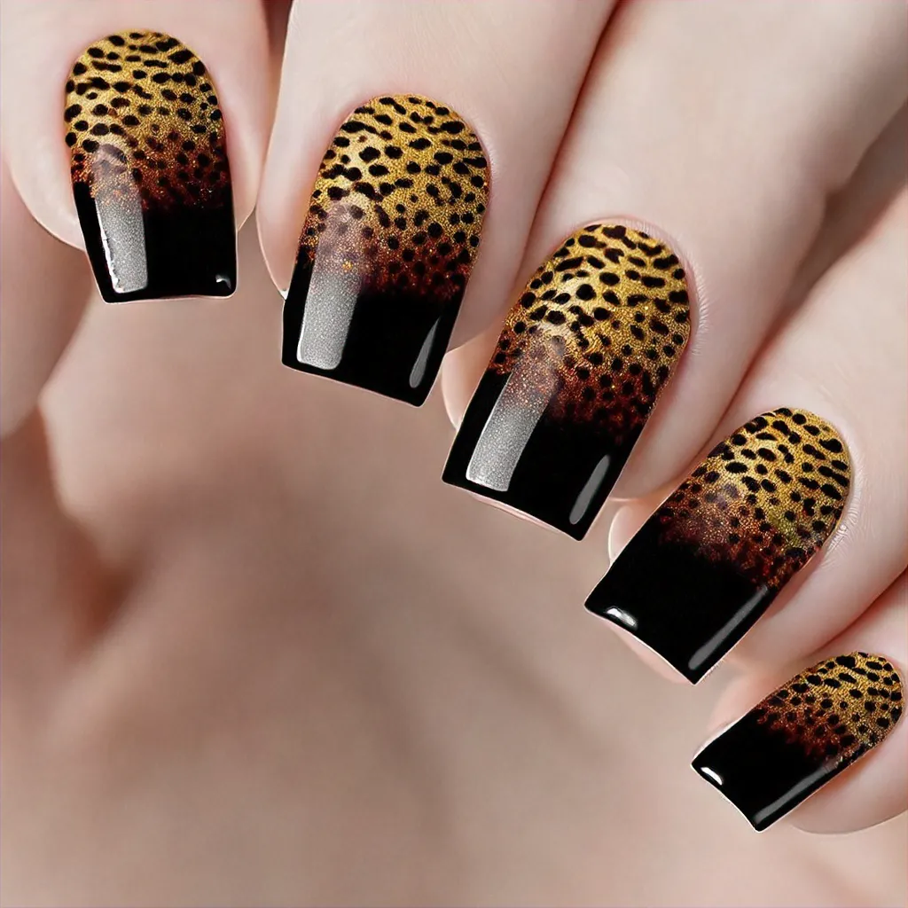 Fair skin? Try square black nails with a Halloween theme, cheetah print style, and ombre glitter technique.