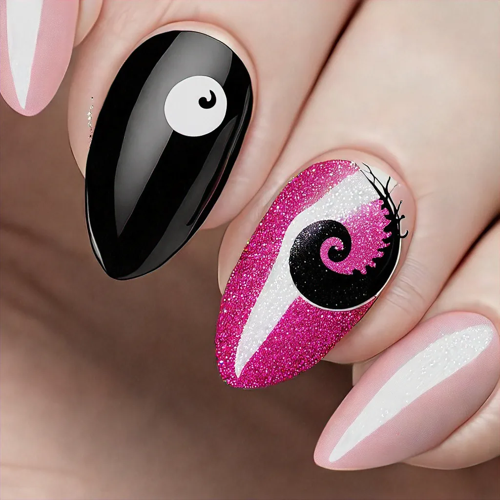 Light-skinned? Try a pink, holiday-themed stiletto-shaped yin yang with a glitter technique.