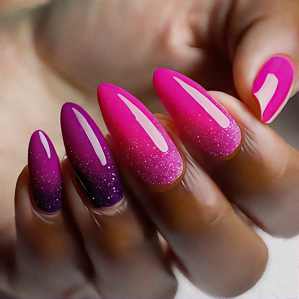 Deep skin tone with coffin-shaped, ombre dip powdered pink nails. An abstract party theme
