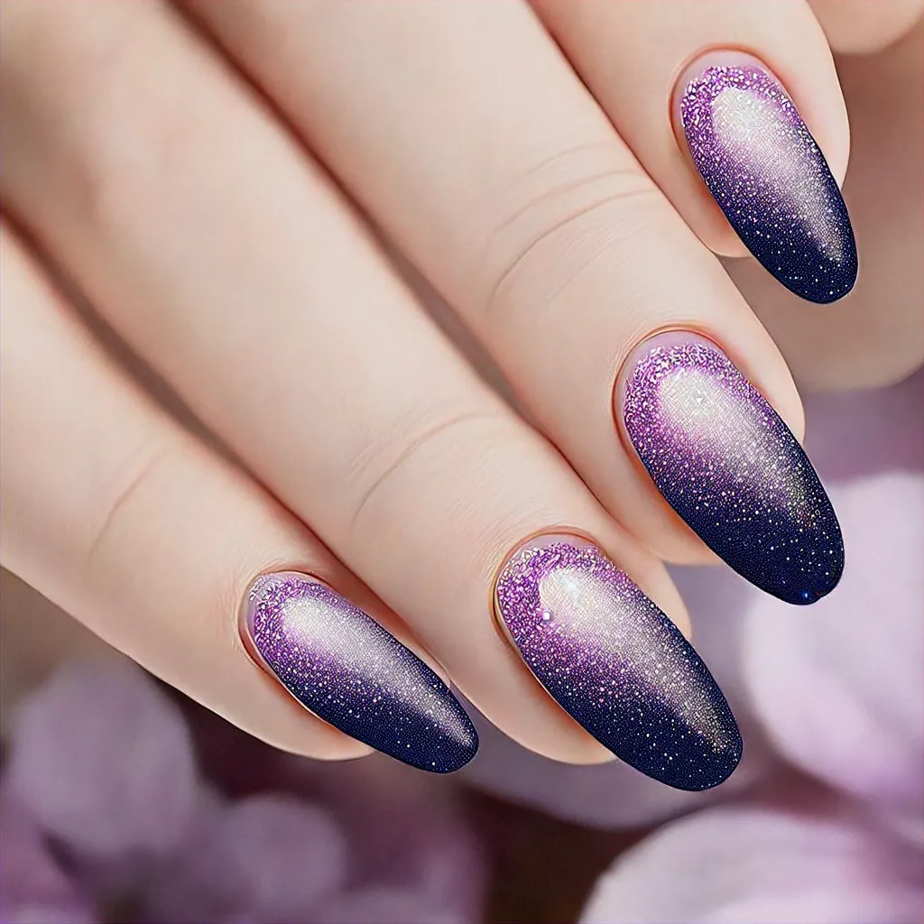 Fair skin enhanced with oval, purple ombre glitter nails. An aesthetic, spring-ready look.