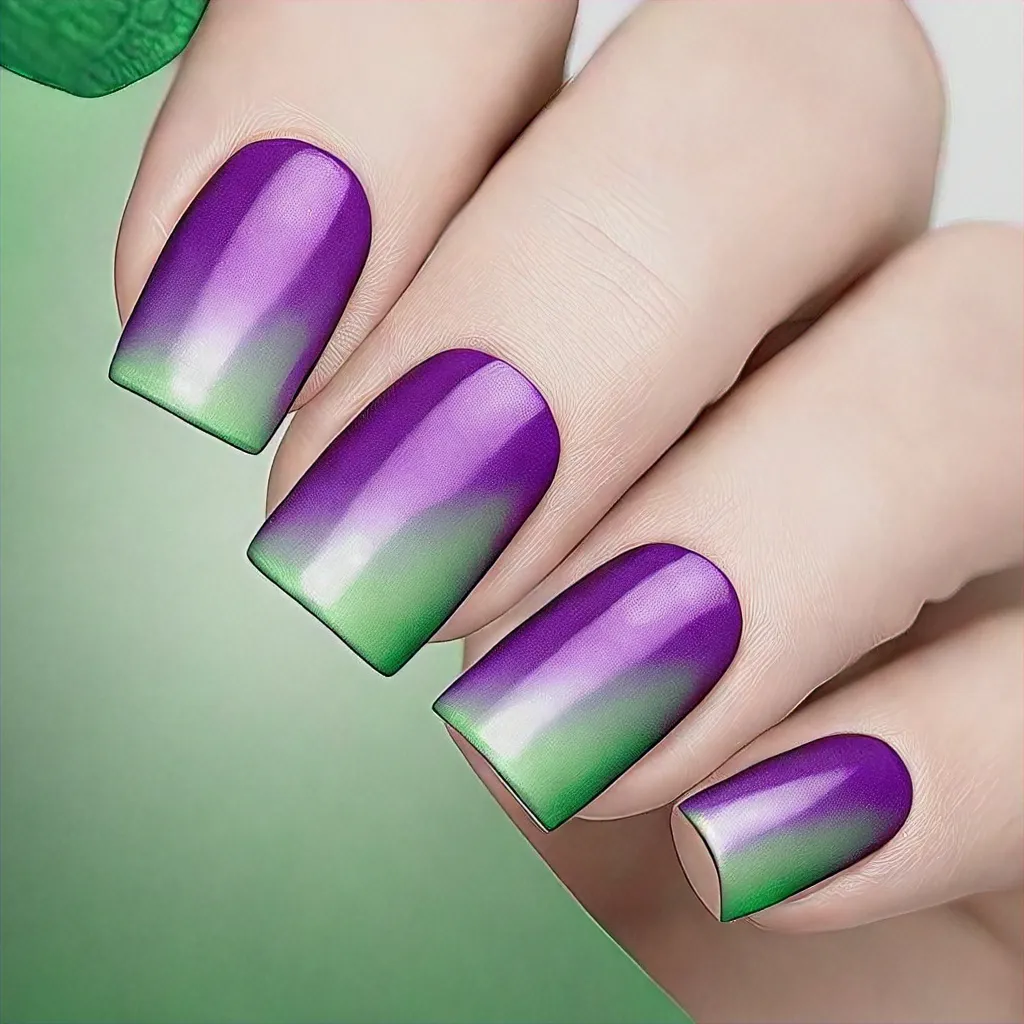 Light skin-tone friendly, square-shaped nails in a basic style with a purple ombre themed for St. Patrick's Day.