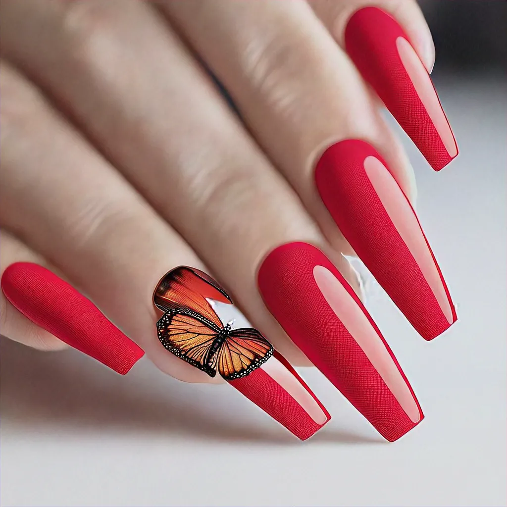 Red coffin-shaped nails themed on vacation using airbrush techniques, ideally for fair skin.