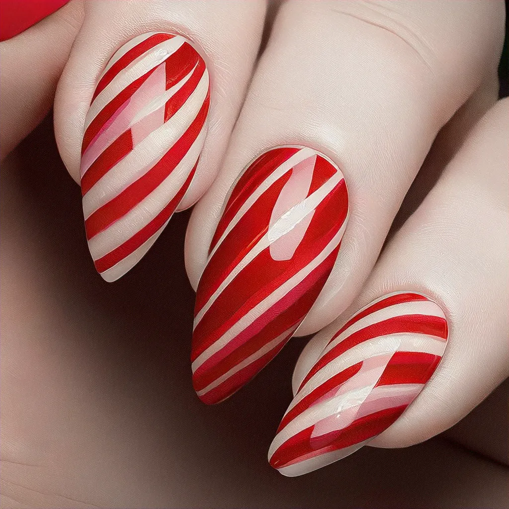 Treat yourself to a red, Valentine's Day inspired, candy cane style on oval nails. Perfect for light skin tones with a cat-eye technique.
