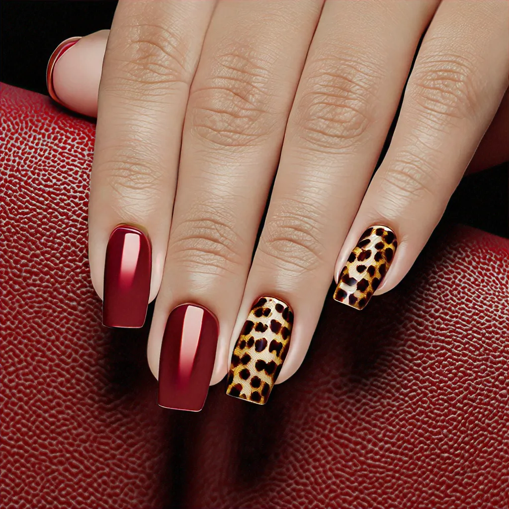 Spectacular red, square-shaped nails with cheetah print for a bold wedding theme. Chromed, ideal for medium-olive skin.