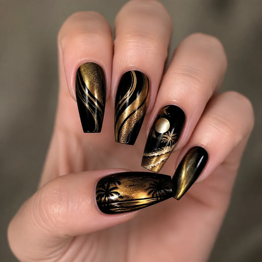 Chic coffin-shaped black and gold cat eye nails set against abstract beach-themed art for light skin tones.