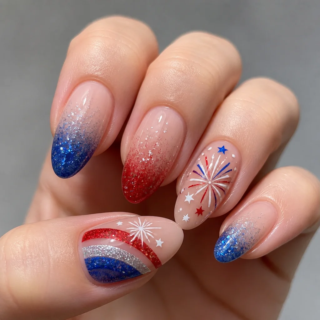 4th of July themed nude almond-shaped nails with a rainbow ombre glitter style suited for fair skin tones.