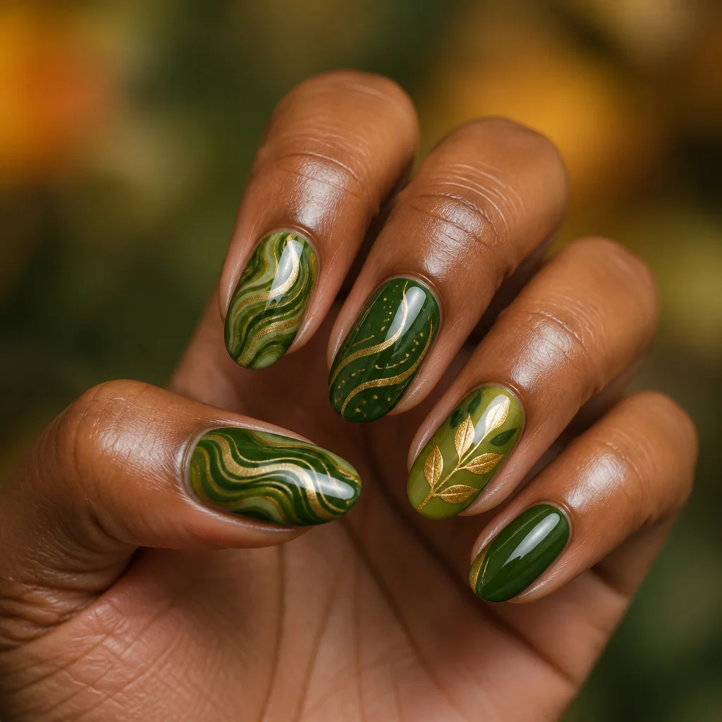Deep skin tone adorns green and gold oval shaped nails. Fall-themed aesthetic with swirl techniques.