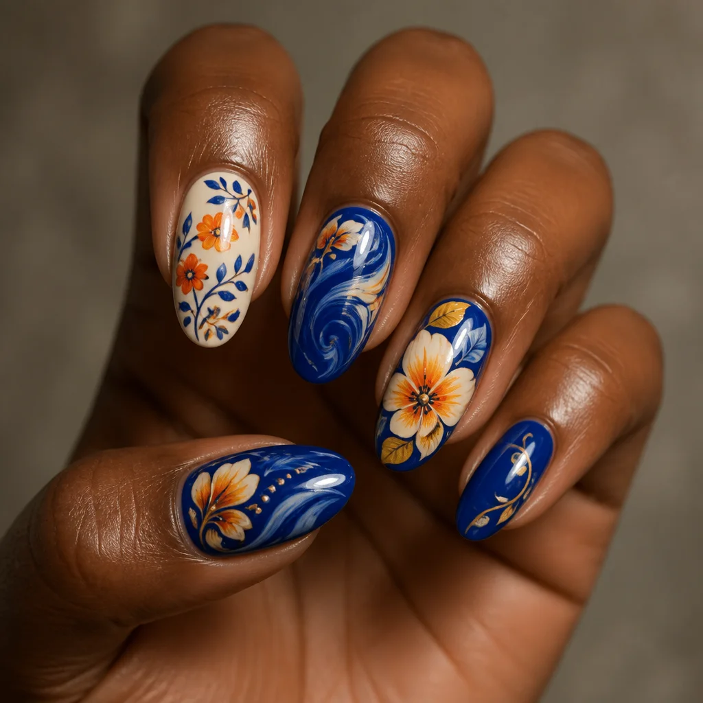 Features a royal blue, fall-theme nail with a floral style. The oval shape is accentuated by swirl techniques on a deep skin tone.