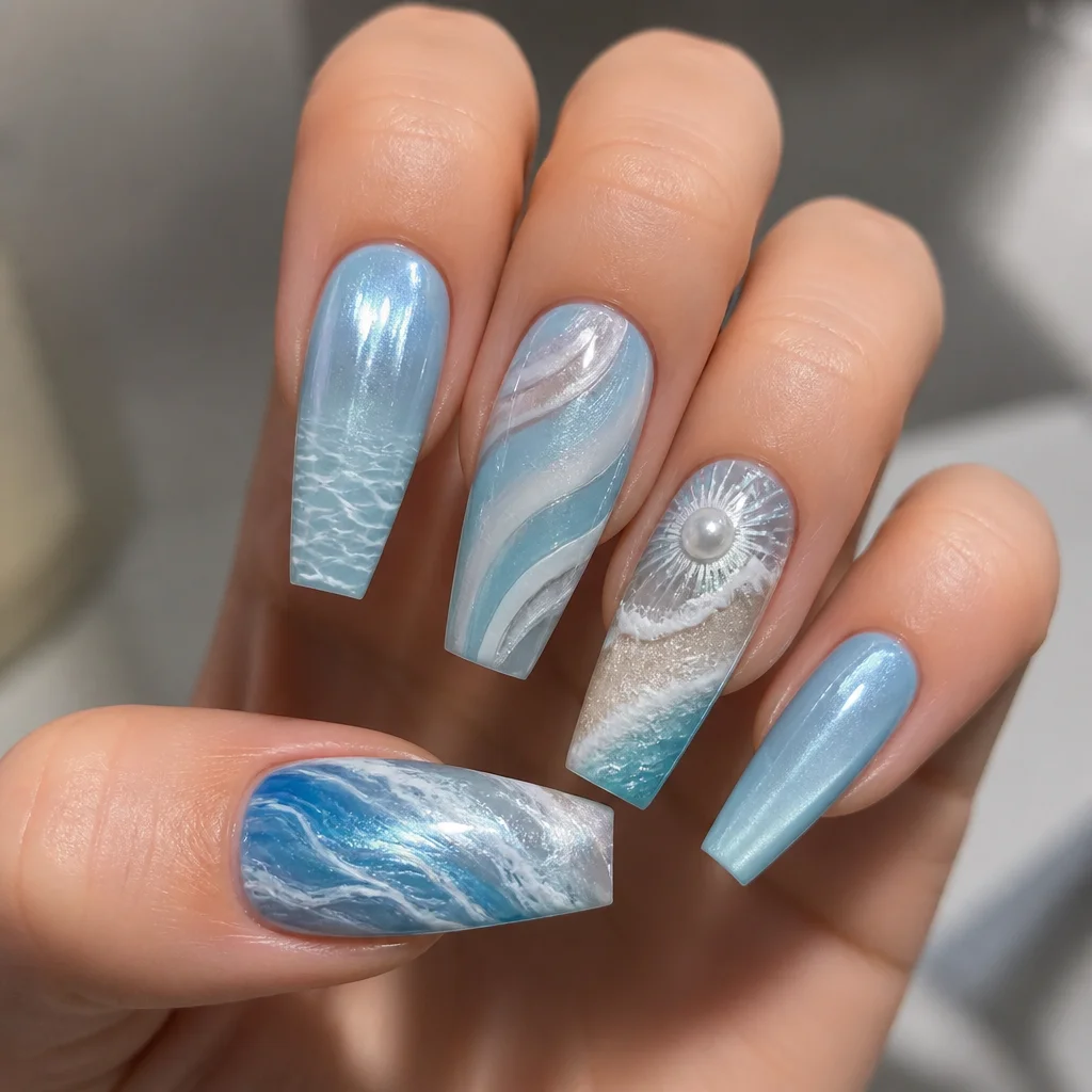 Baby blue abstract beach-themed coffin nail art using cat eye technique for light skin tones.