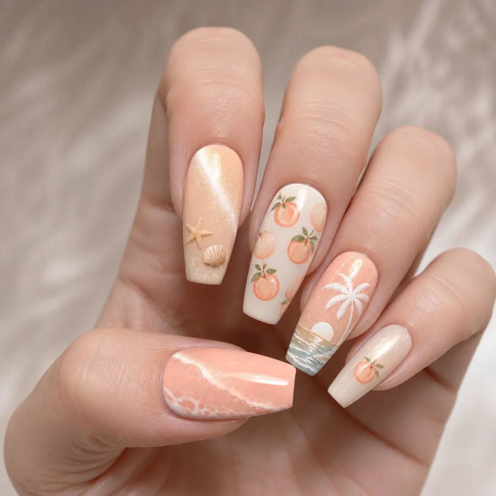 A light-toned beach-themed cat eye creation in peach style with a coffin-shaped white canvas.