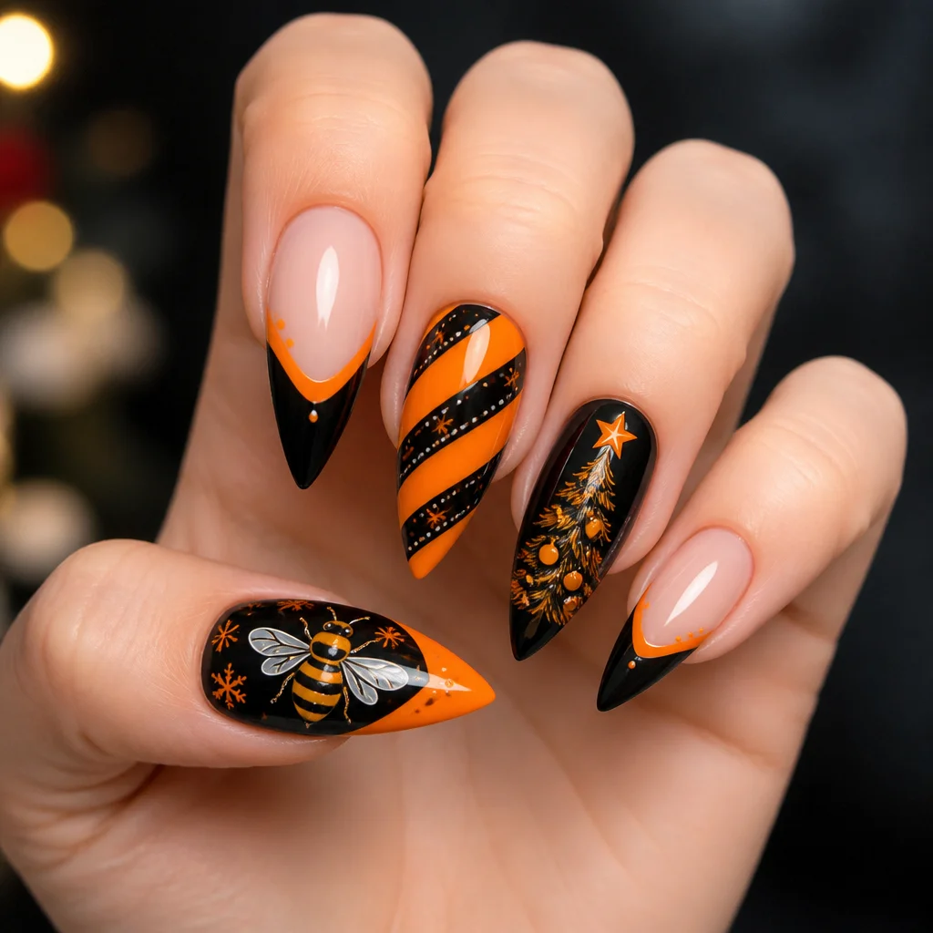 Fair skin showcases a festive bee-inspired style in Christmas theme. Black and orange stiletto nails feature the french tip technique.
