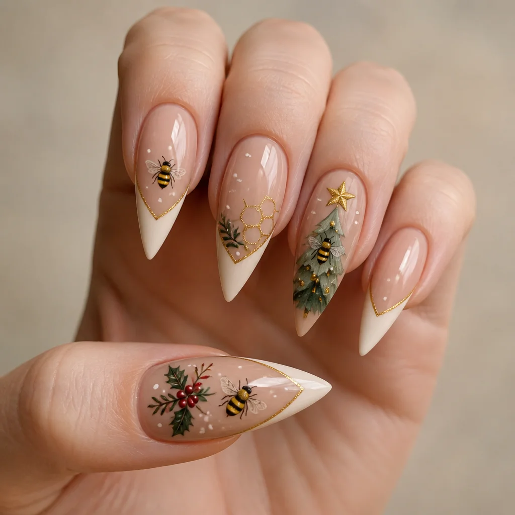 Fair-skinned? Try a Christmas-themed nail art! Opt for a stiletto shape with beige bee french tips!
