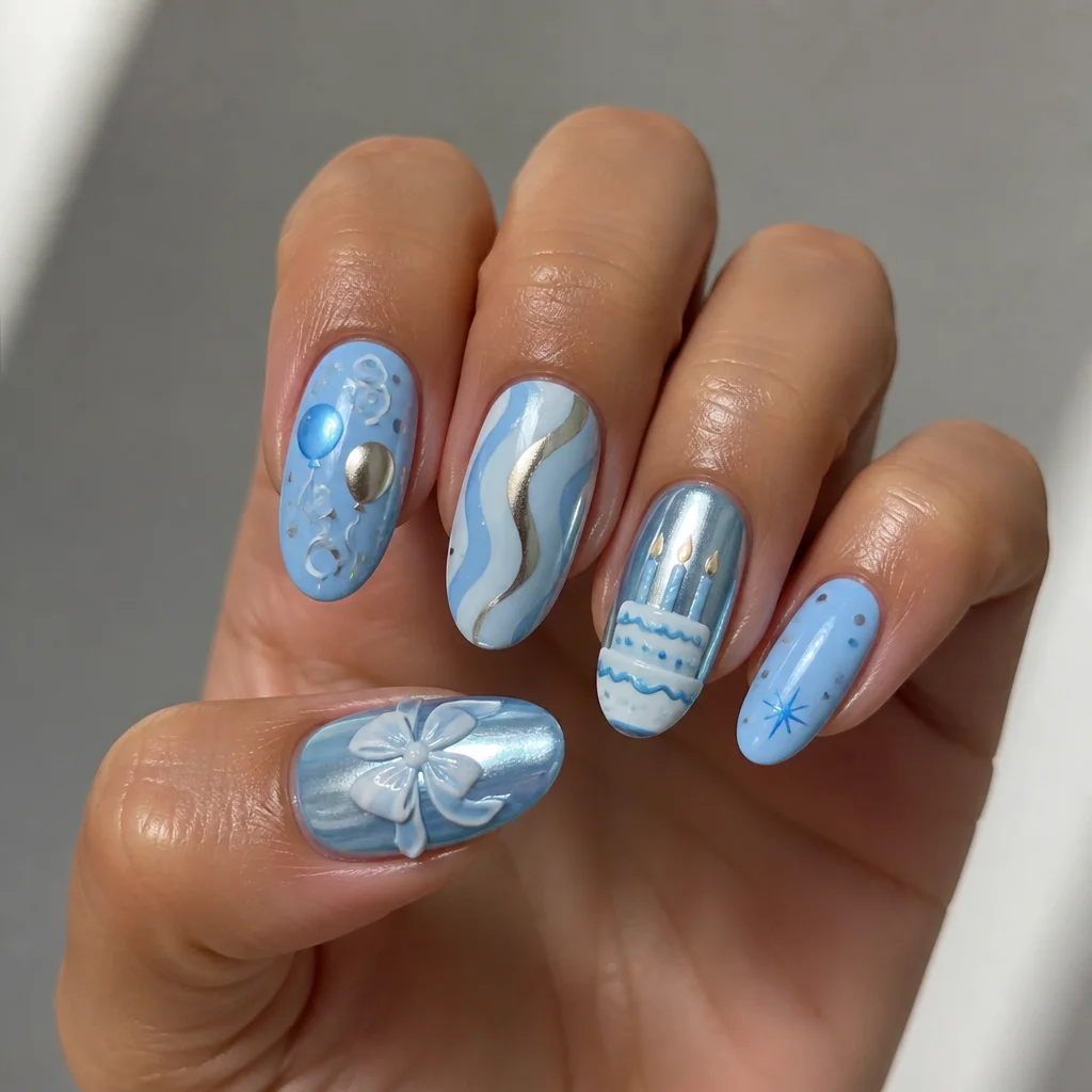 Celebratory birthday theme with a baby blue aesthetic oval shape and chrome technique for medium-olive skin.