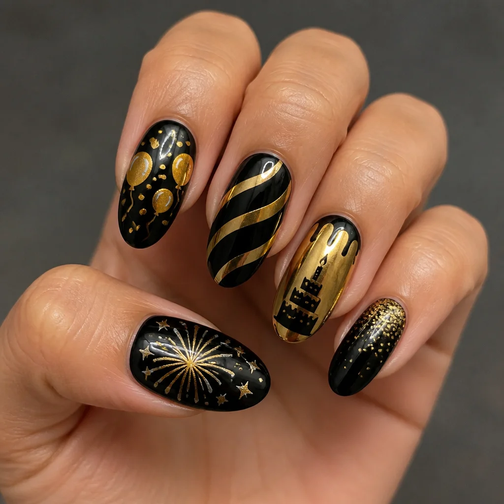 Medium-olive skin contrasts beautifully with oval, chrome technique nails. Perfectly themed for birthdays in black and gold.