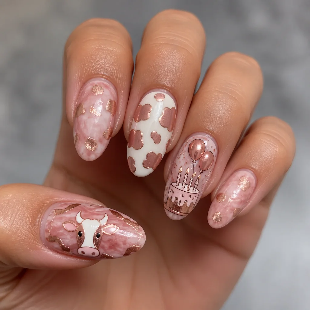 Medium-olive skin sporting oval nails in rose gold with a birthday-themed, cow-styled marble effect.