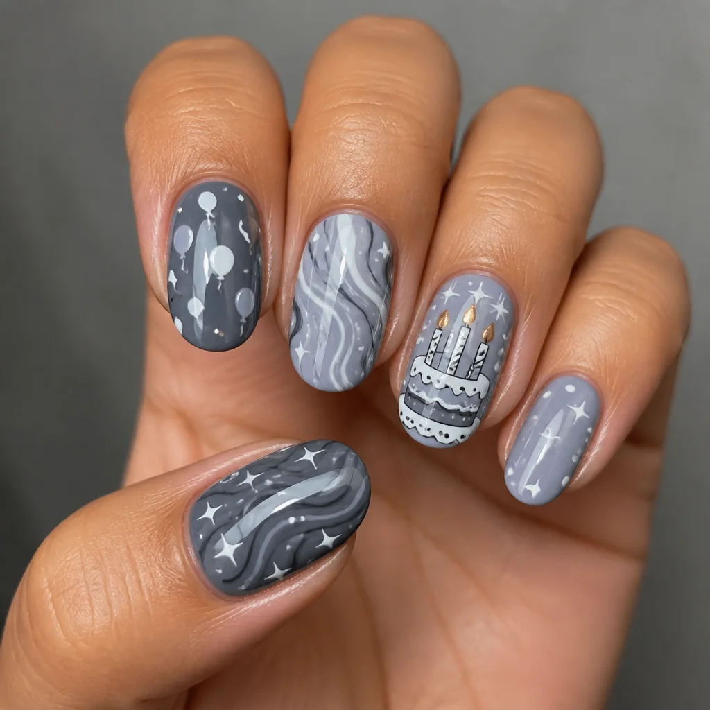 Oval shaped, grey nails crafted into an ugly birthday theme using marble technique for medium-olive skin.