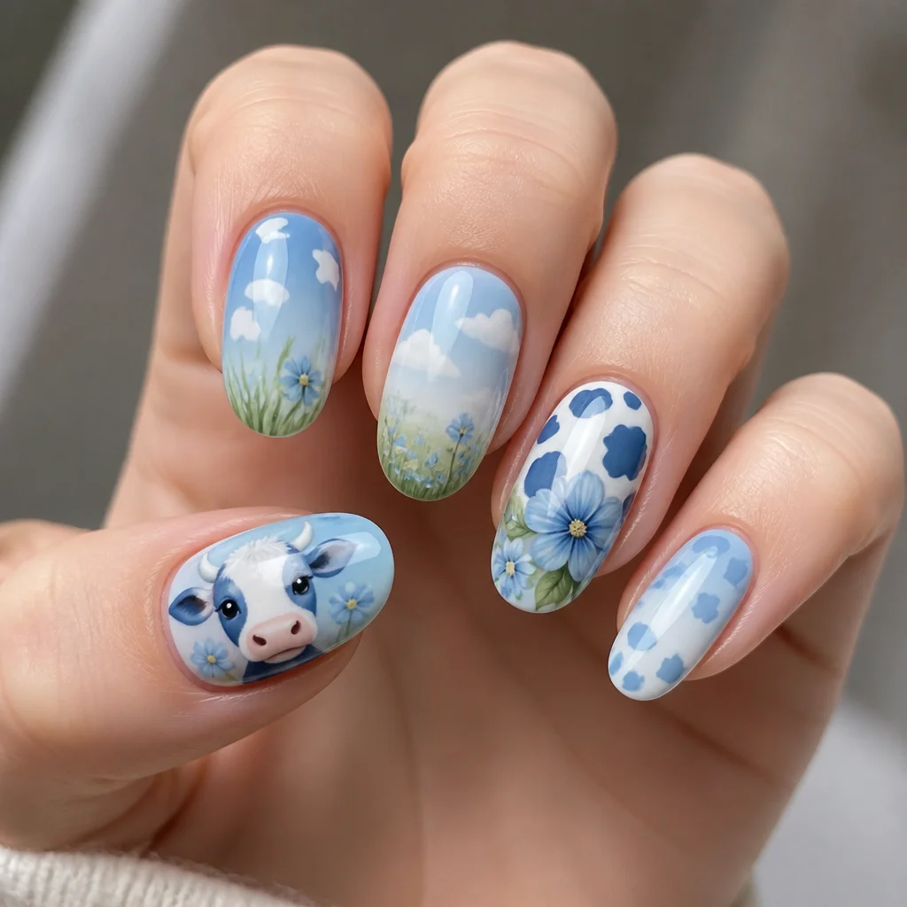 A delightful blue color with a unique cow theme perfect for spring. Suitable for fair skin & oval-shaped nails using airbrush technique.