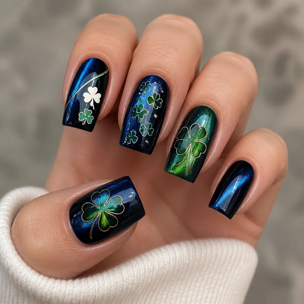 A cute square nail painted in blue for St. Patrick's Day. The design features cat eye technique suitable for light skin.