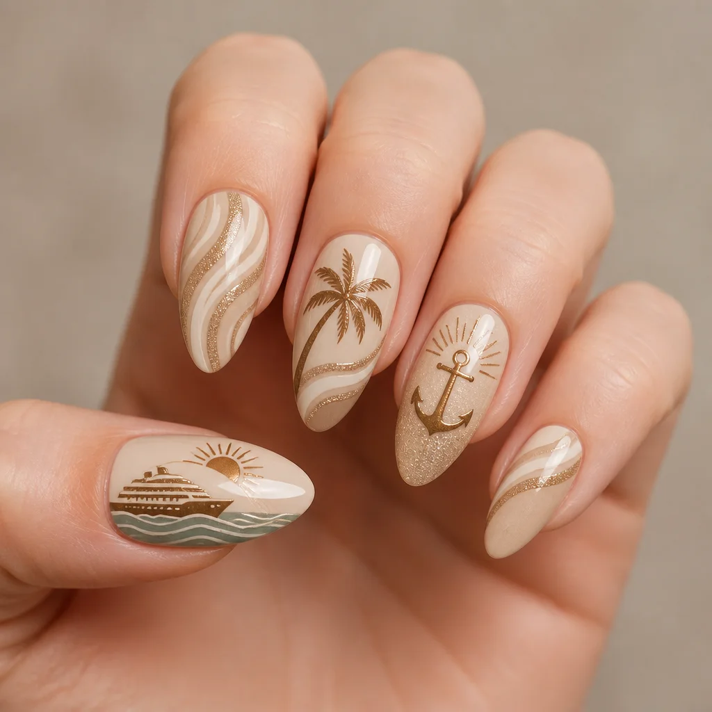 Beige boho-themed nails perfect for a cruise. Almond shape with glitter technique suits light skin tones.