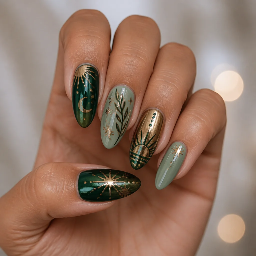 Get into the festive spirit with a boho theme New Year style on almond-shaped, green Christmas-colored nails. Perfect for medium-olive skin.