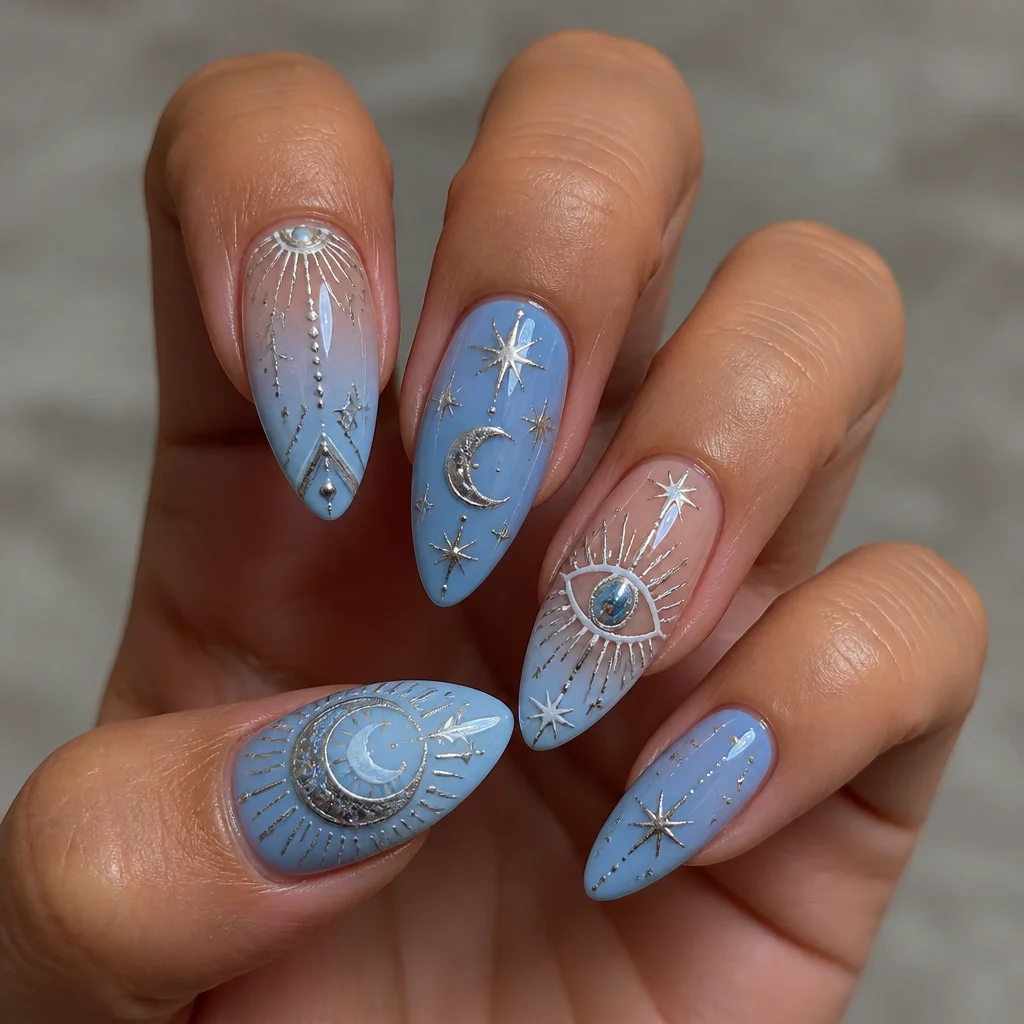 Usher in the New Year with a light blue, boho chrome style on almond shaped nails, ideal for medium-olive skin.