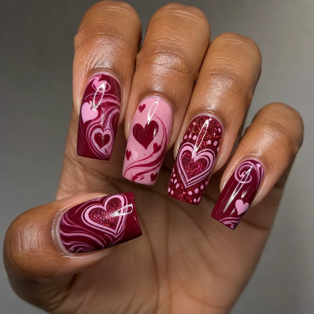 Enjoy a festive burgundy colored square-shaped manicure, garnished with heart style and swirl techniques for deep skin tones.