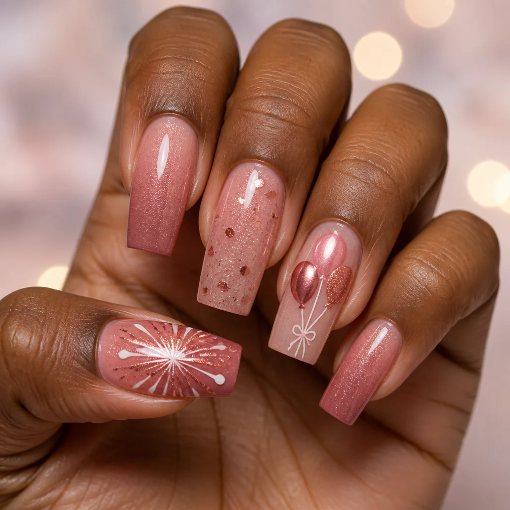 Square-shaped, rose gold ombre dip powder nails ideal for celebrations. Pairs well with deep skin tones. Cute style.