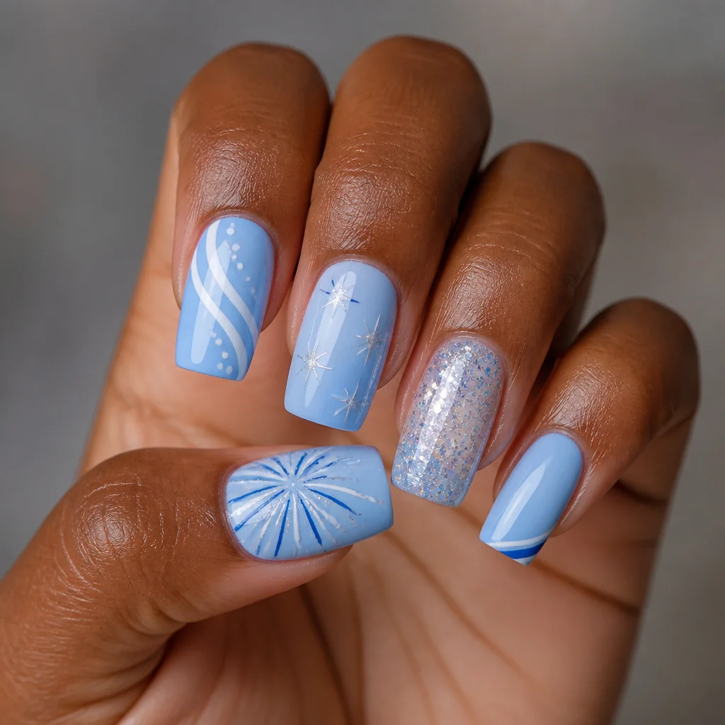 Sport a basic square-shaped, baby blue dip with a celebration theme, perfect for deep skin tones.